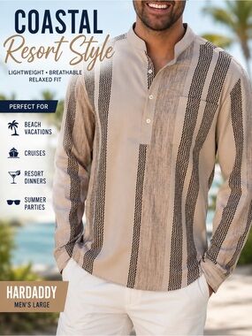 Men’s Resort Shirt Large Beige Tan Vertical Stripe Henley Cuban Camp Collar